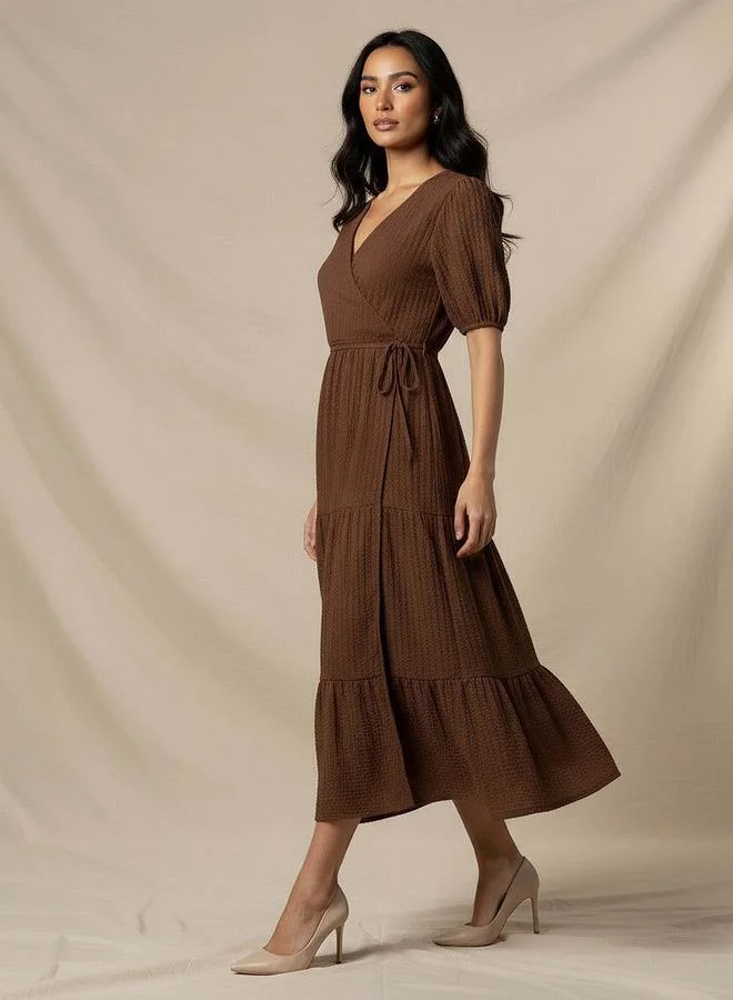 Splash FAV Midi Textured Tiered Dress with Short Puff Sleeves